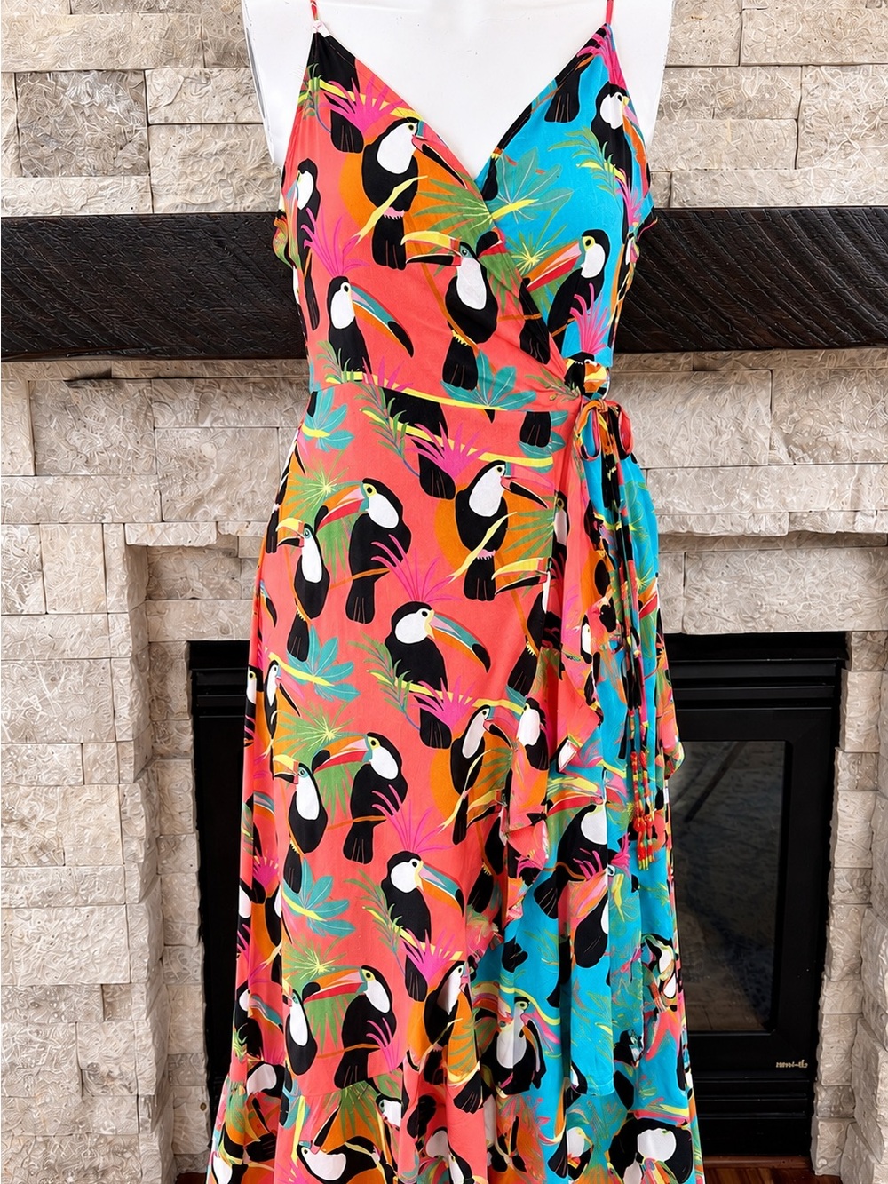 FARM Rio for Anthropologie Toucan Tropical Wrap Midi Dress Size M